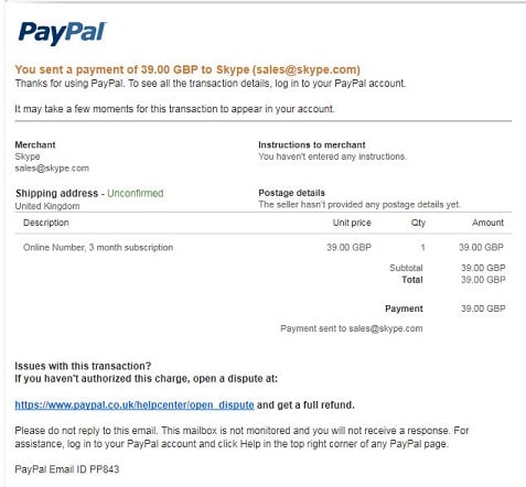 Receipt for Your Payment to Skype Taken From PayPal Fake Phishing Scam