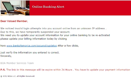 Bank Of America Online Alert Phishing Scam 