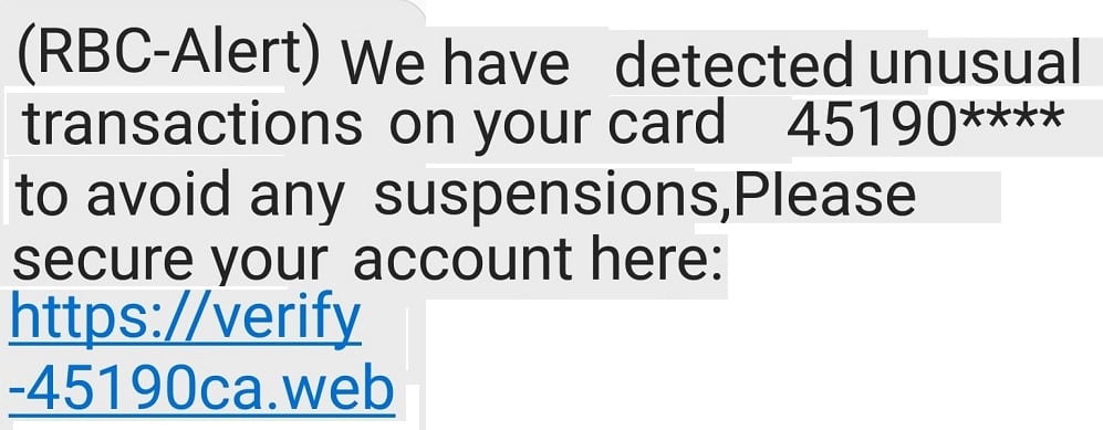 RBC Text Scam Alert - Unusual Transactions and Suspension 1