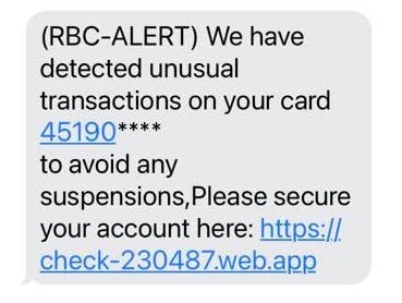 RBC Text Scam Alert - Unusual Transactions and Suspension 2