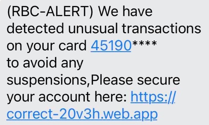 RBC Text Scam Alert - Unusual Transactions and Suspension 3