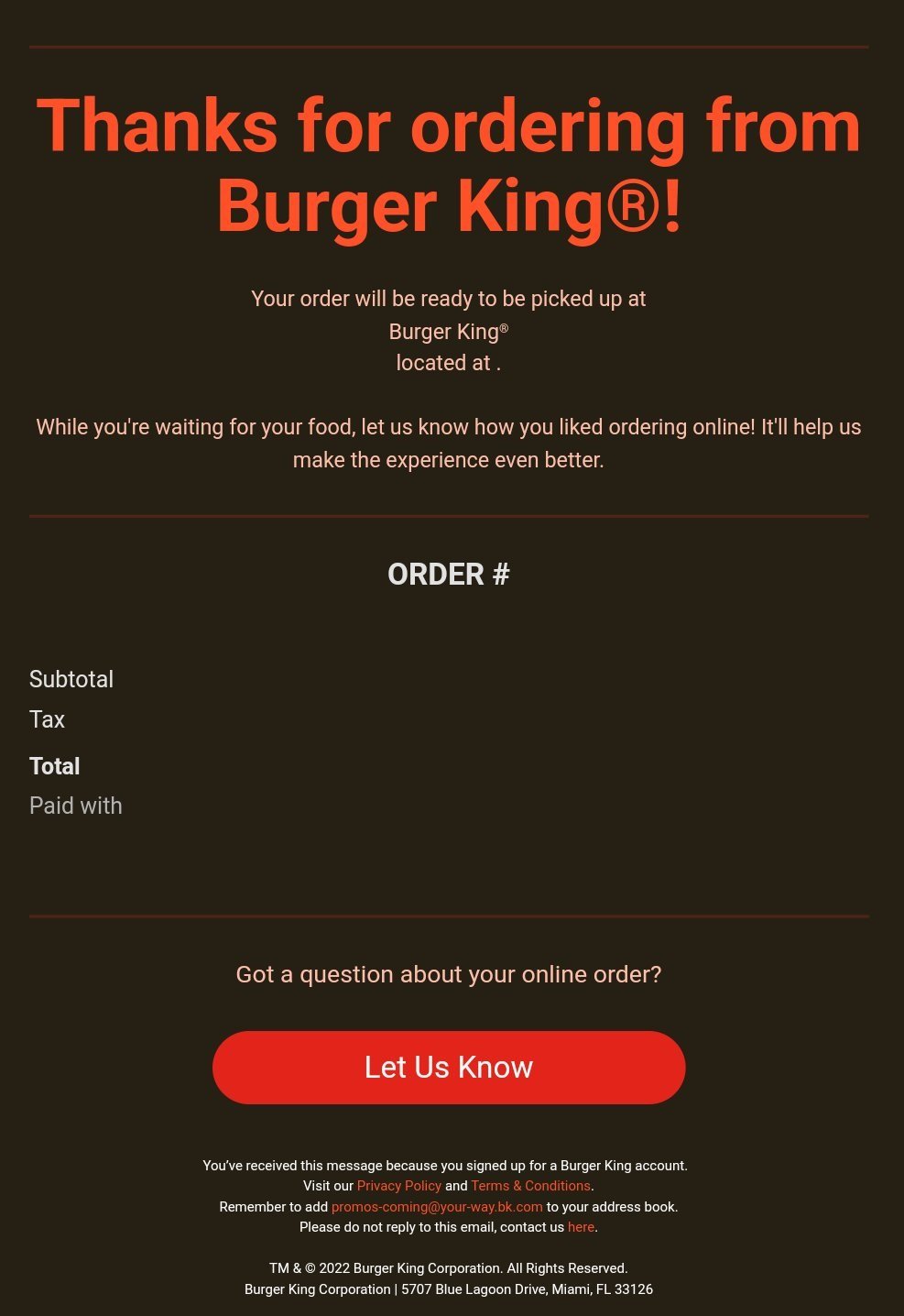 Burger King Spam Receipt, Burger King Online Order receipt