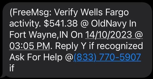 Wells Fargo Scam Text Message