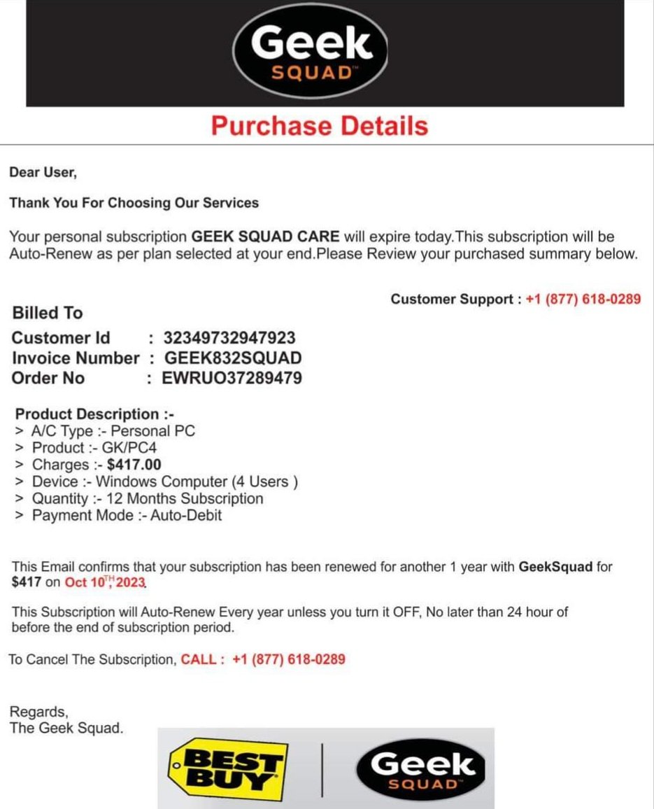 Geek Squad Membership Scam Email Invoice and Renewal