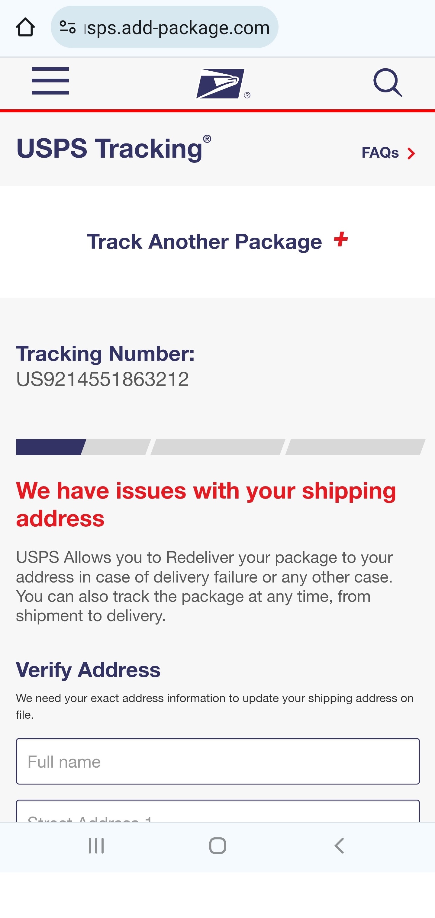 USPS Add Package Scam Text - usps.add-package.com and US9214551863212