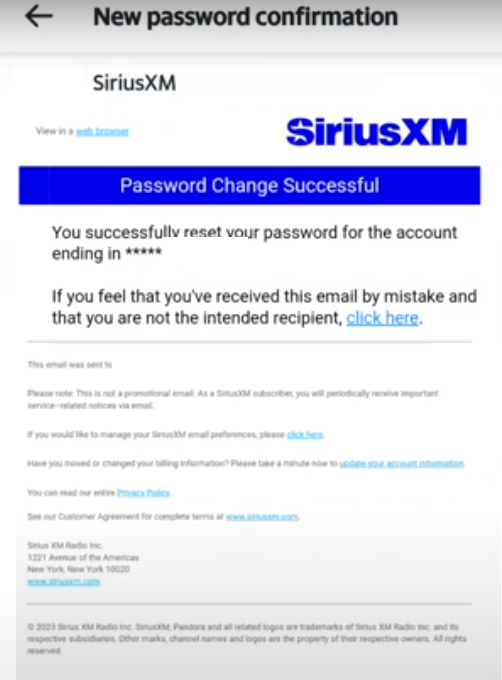 noreply@mc.siriusxm.com Scam - New Password Confirmation