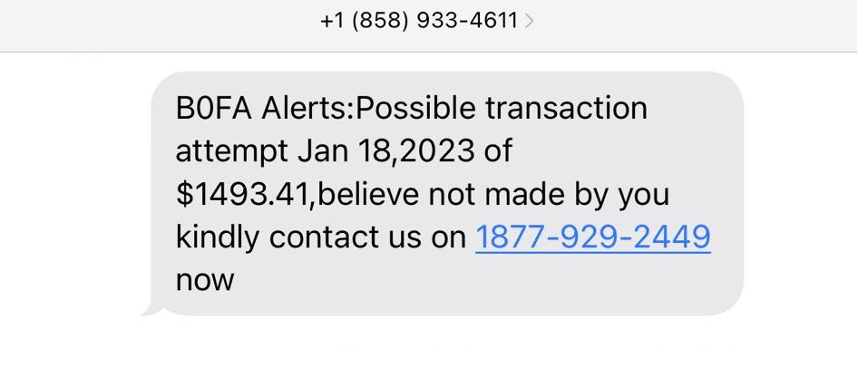 Bank of America Text Scam Alert - Transaction Attempt