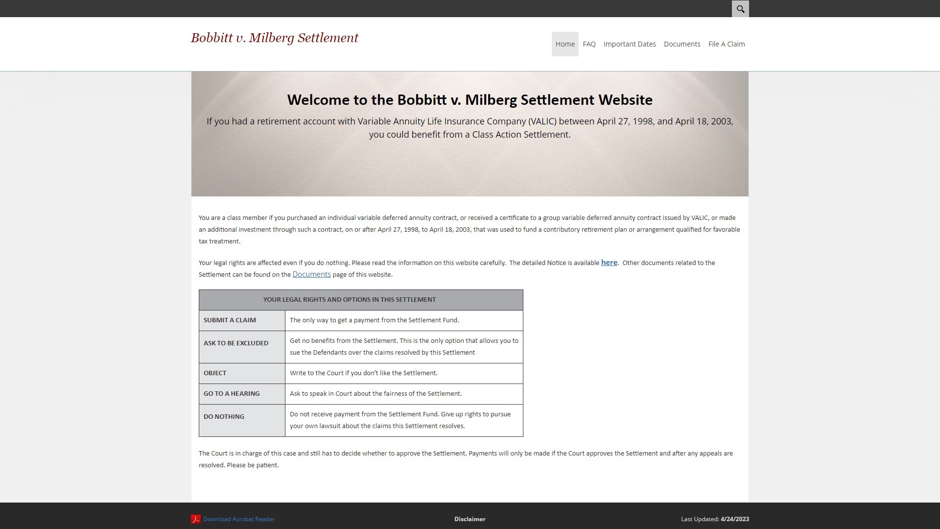 Bobbitt Settlement Administrator Valic Class Action Lawsuit