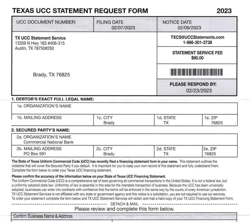 TX UCC Statement Service Scam Mailer