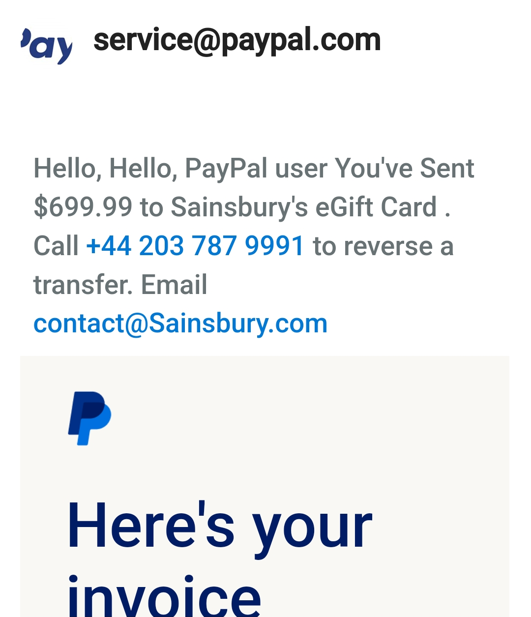 Sainsbury Gift Card PayPal email invoice