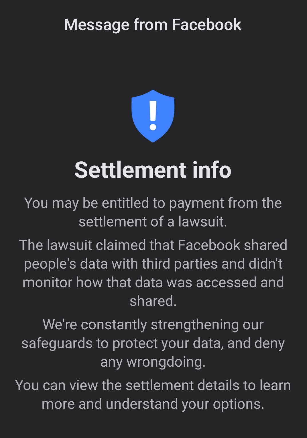  Facebook Class Action Lawsuit Message