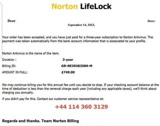 Norton Antivirus Scam Email and 44 114 360 3129