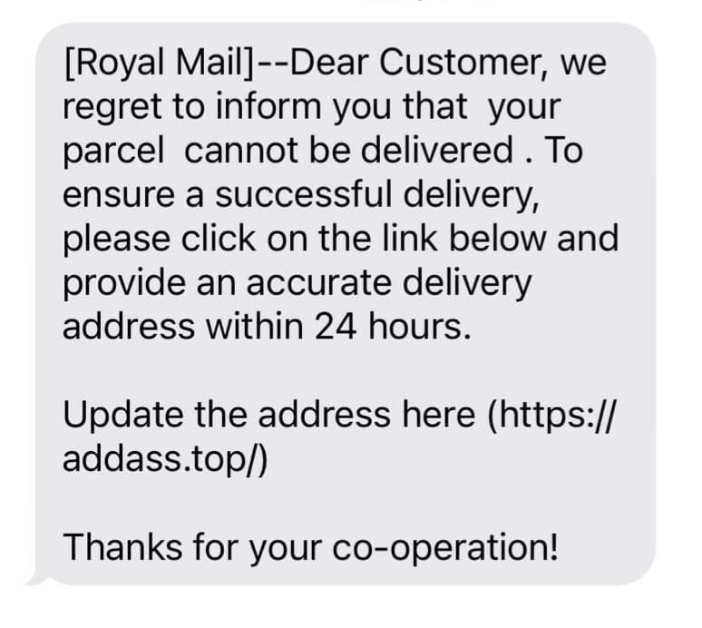 Royal Mail Fee to Pay Scam Text