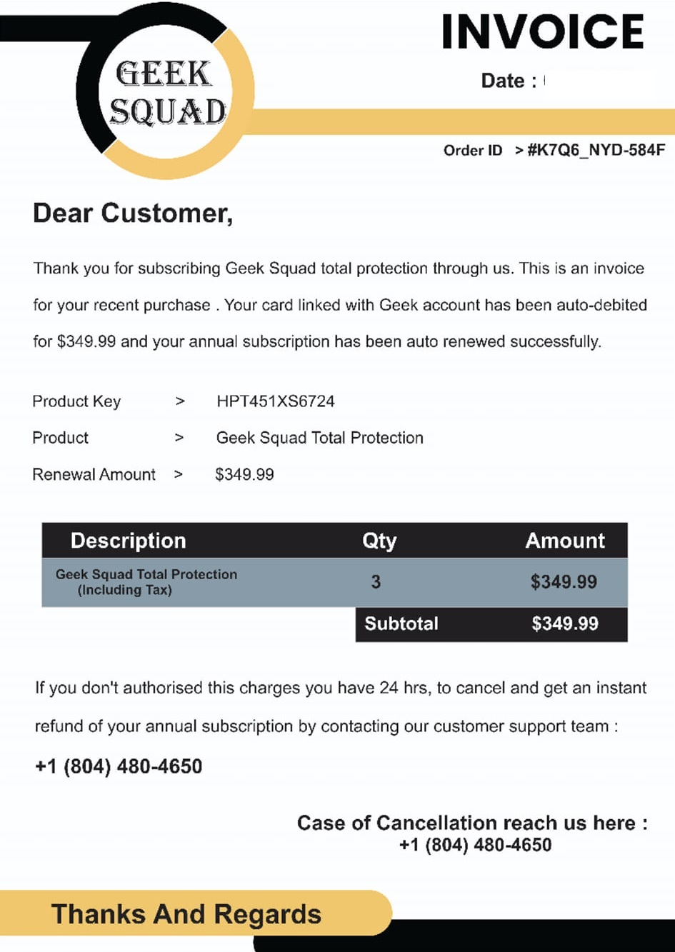 Geek Squad Scam Invoice