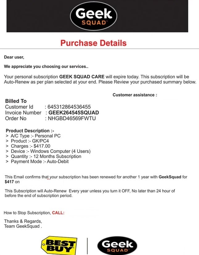 Geek Squad Scam Email