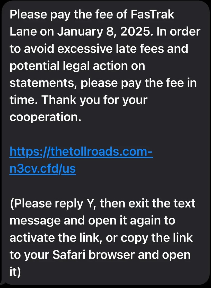 Thetollroads.com Scam Text