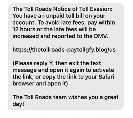 TxTag Toll  Road Notice Text Scam