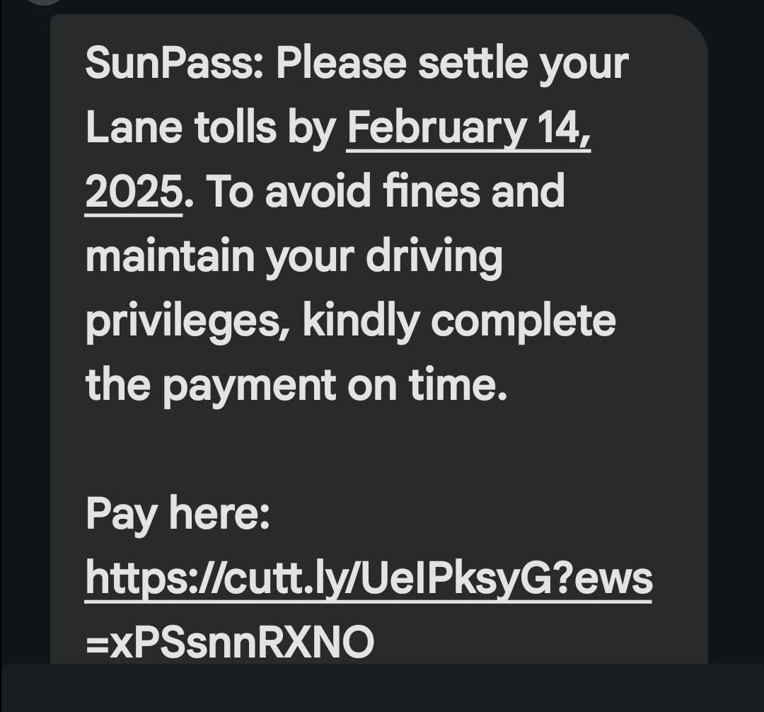 Sunpass Scam Text Lane Tolls Fines and Payments