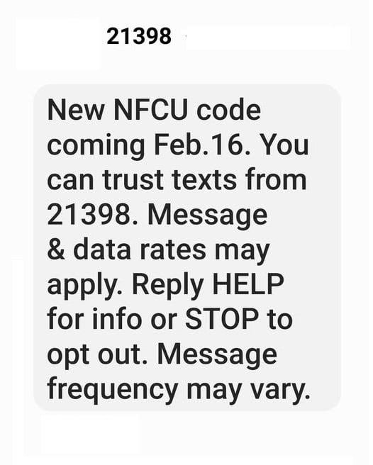 NFCU Text Scam from 21398