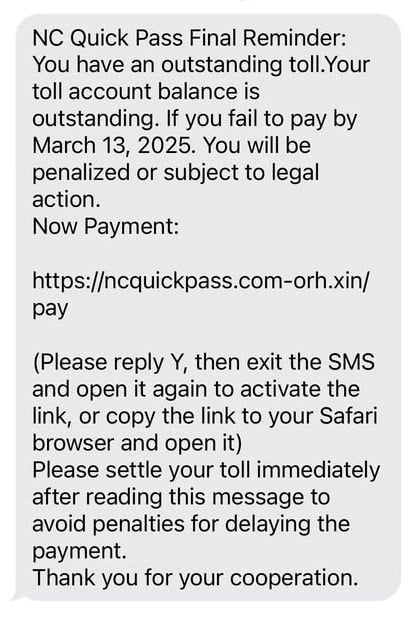 NC Quick Pass Scam Text