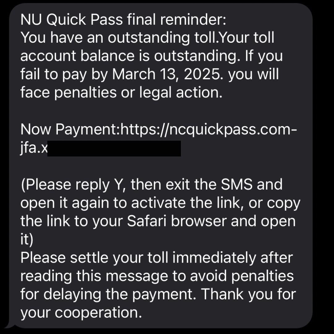 NU Quick Pass Scam Text