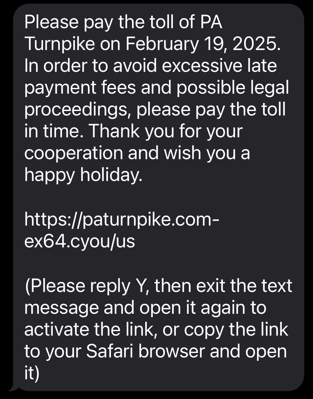 PA Turnpike Scam Text