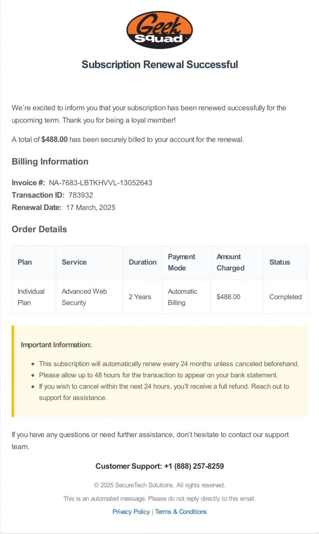 Geek Squad Email Renewal Subscription Scam