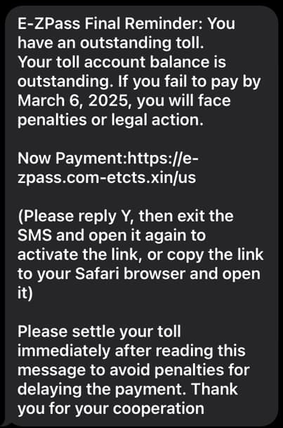 E-ZPass Scam Text