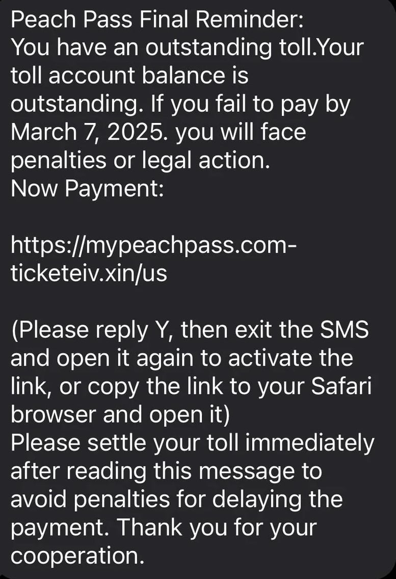 peach pass text scam message