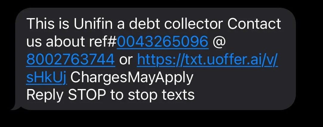 8005543257 Unifin Debt Collector ScamText