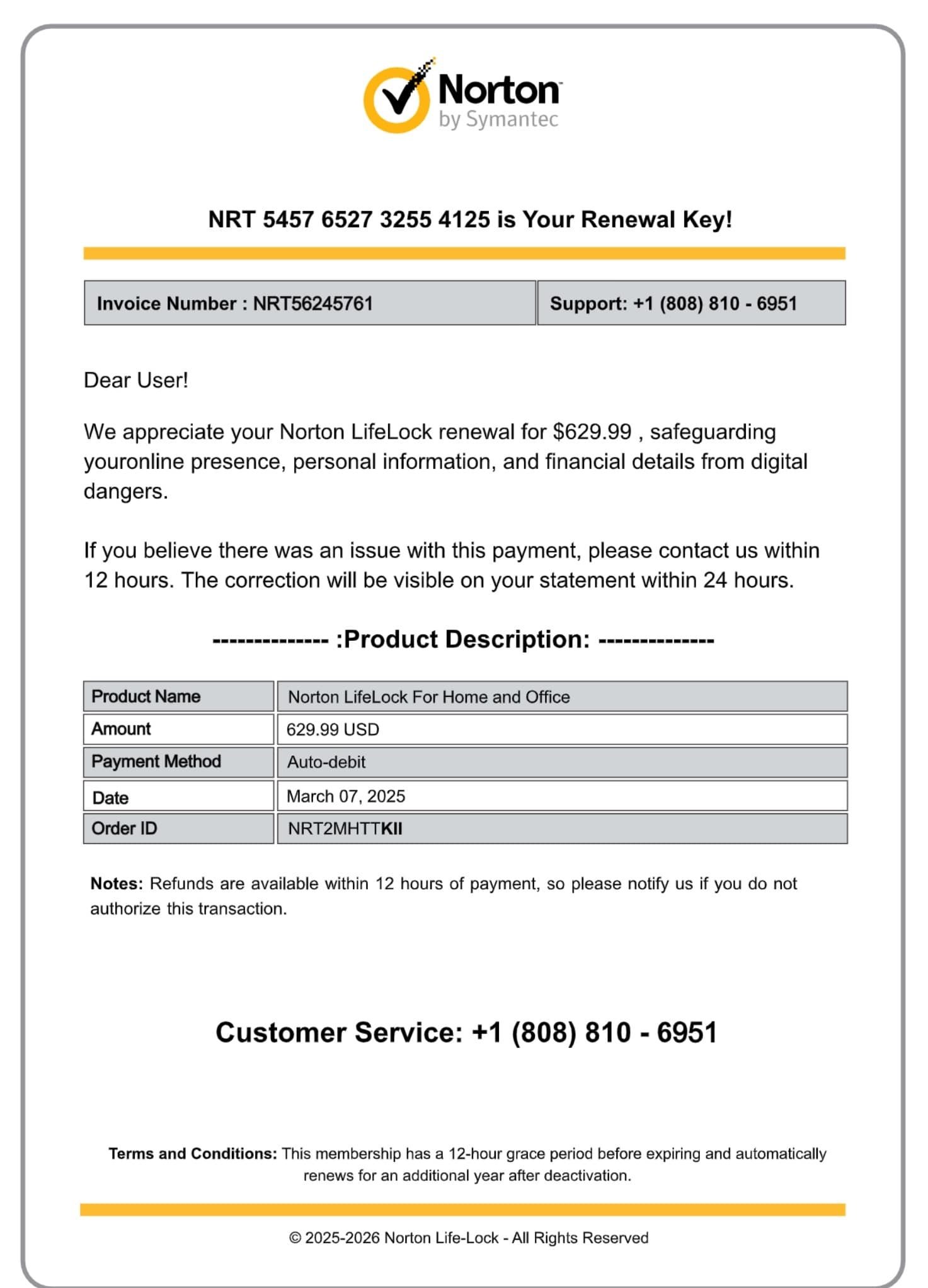 Norton Lifelock Renewal Scam Email