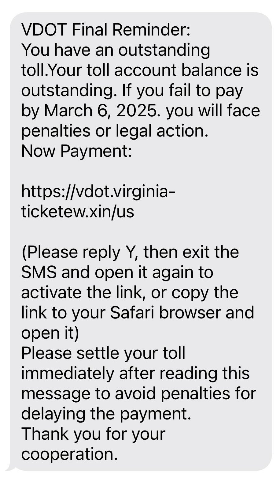 VDOT Toll Text Scam