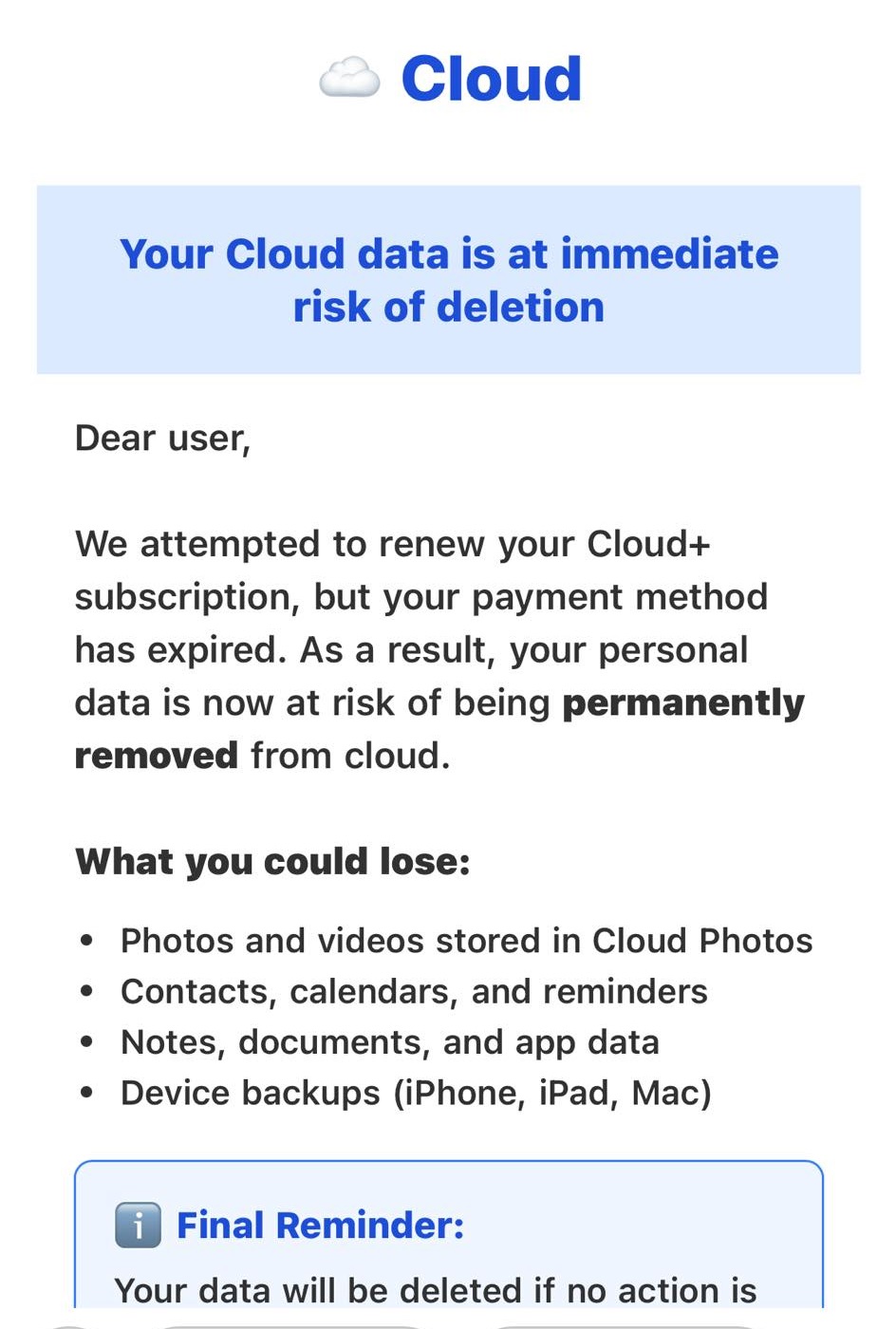 Cloud Payment Declined scam email